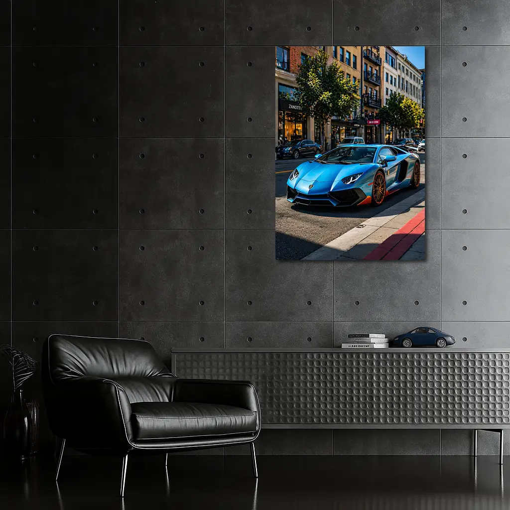Blue Lamborghini Aventador City Street Scene – Wall Art