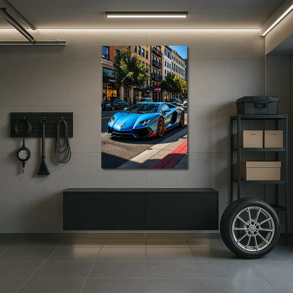 Blue Lamborghini Aventador City Street Scene – Wall Art