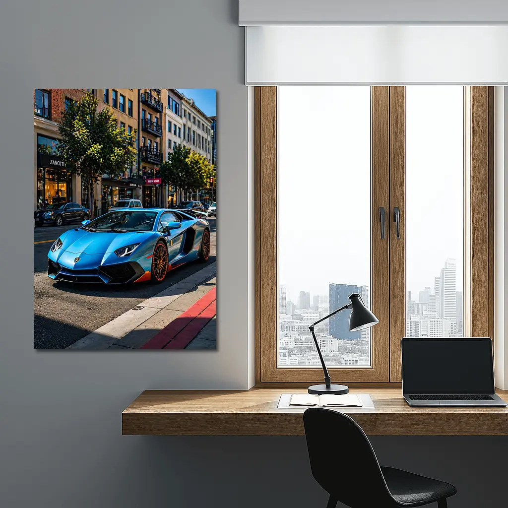 Blue Lamborghini Aventador City Street Scene – Wall Art