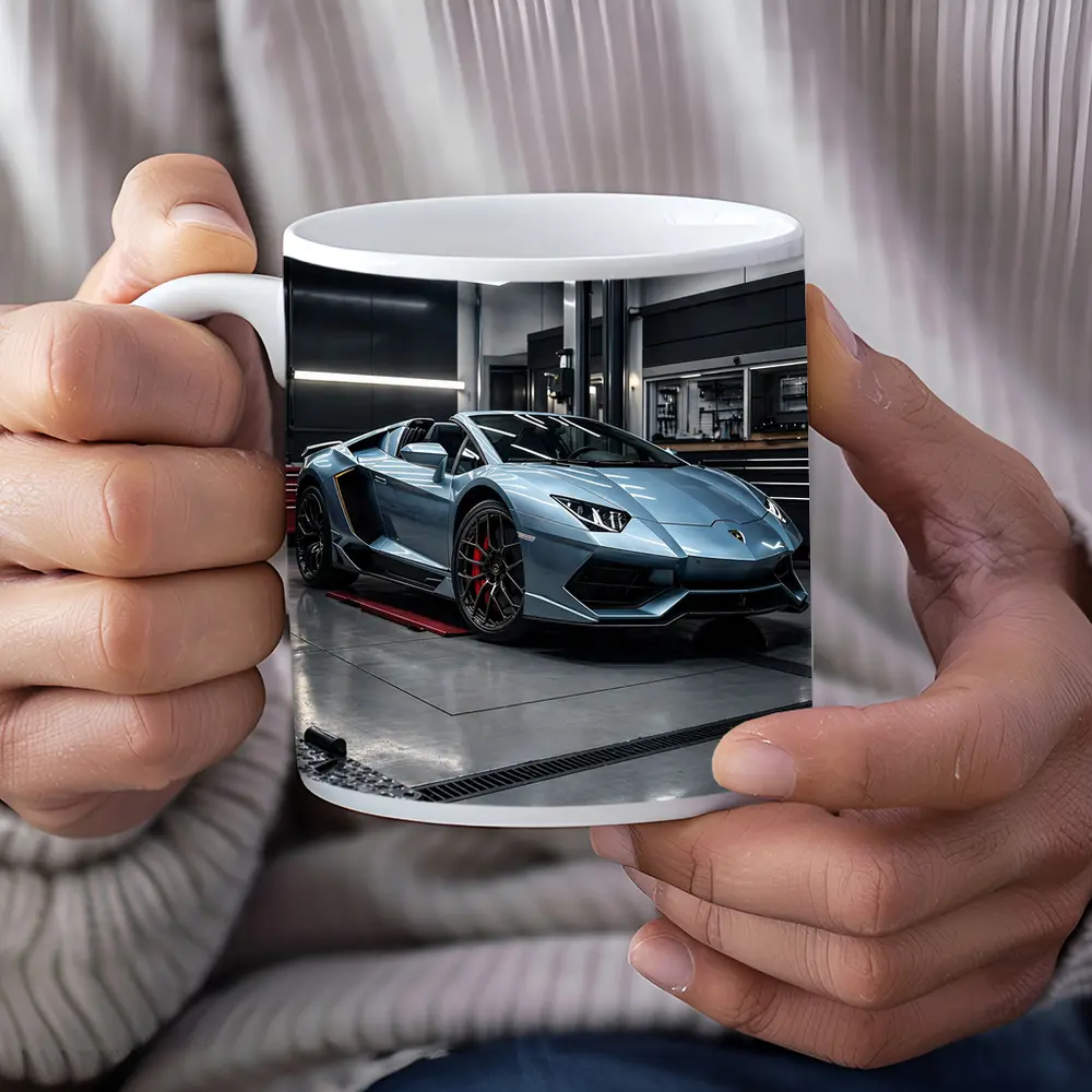 Lamborghini Aventador Silver Inside Dark Garage – Mugs