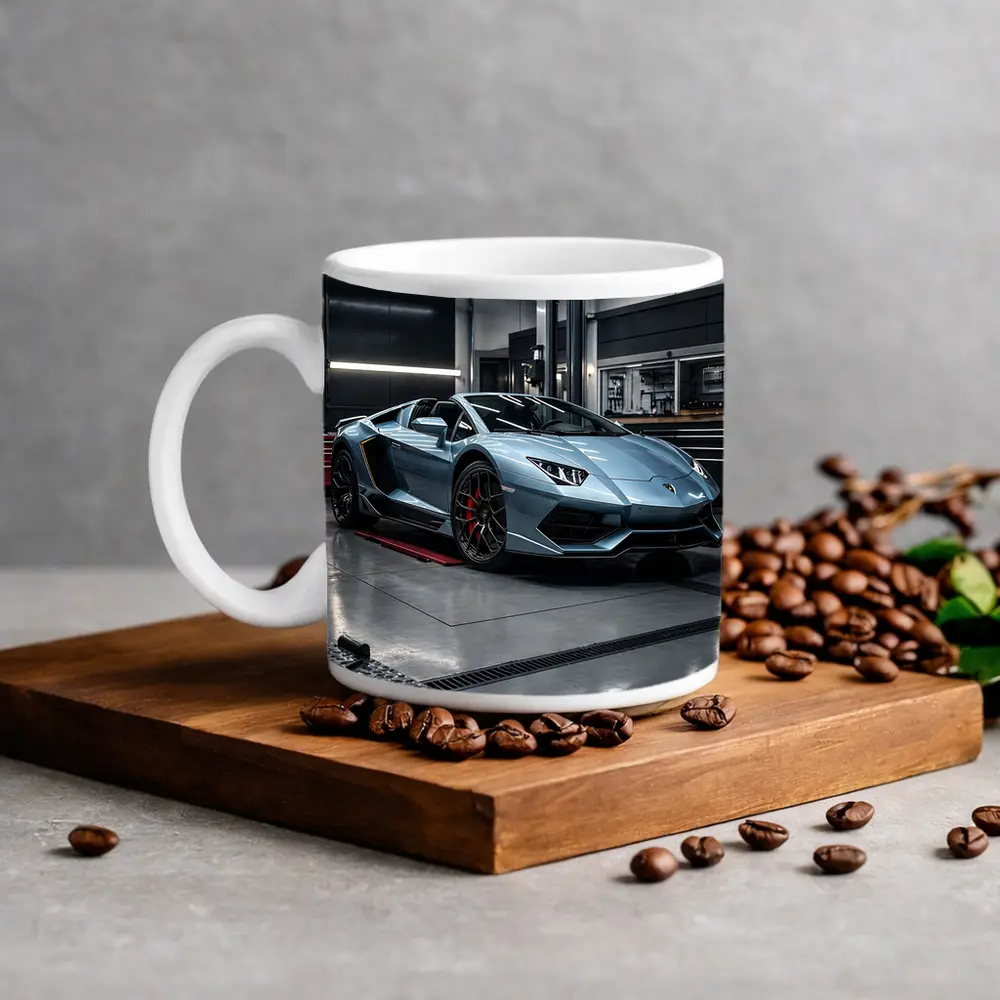 Lamborghini Aventador Silver Inside Dark Garage – Mugs