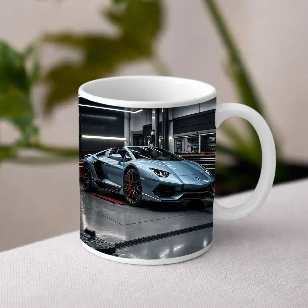 Lamborghini Aventador Silver Inside Dark Garage – Mugs