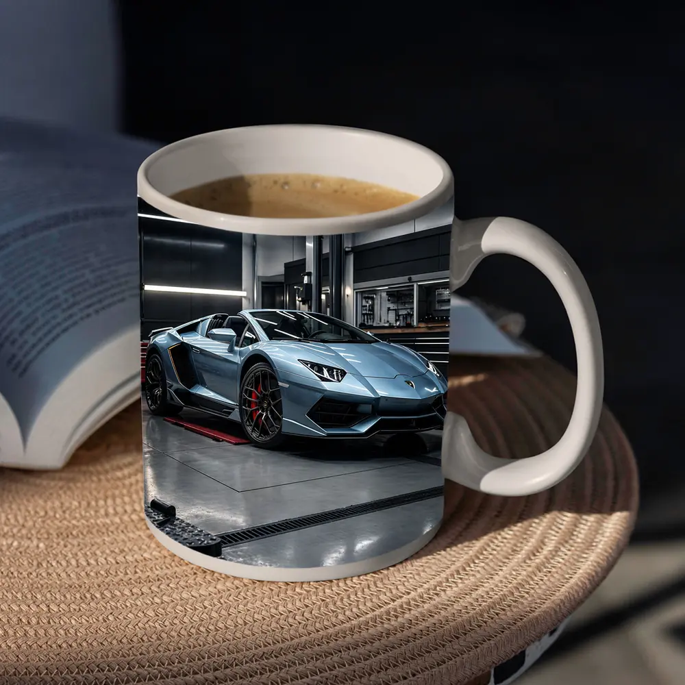 Lamborghini Aventador Silver Inside Dark Garage – Mugs