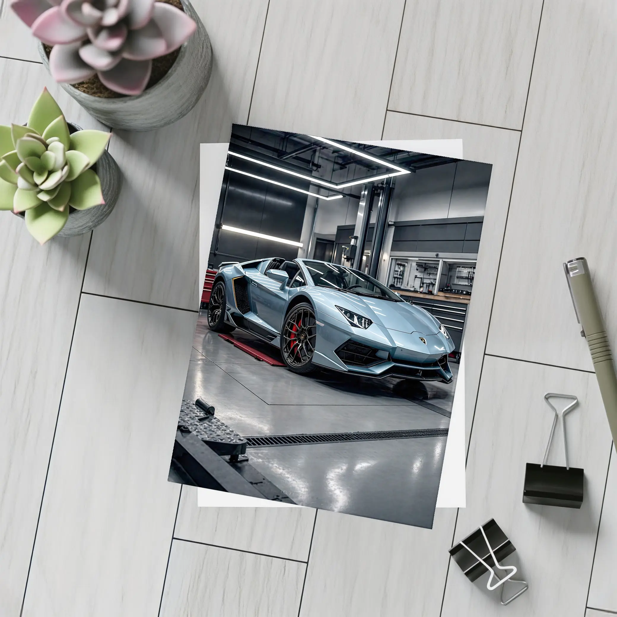 Lamborghini Aventador Silver Inside Dark Garage – Postcards