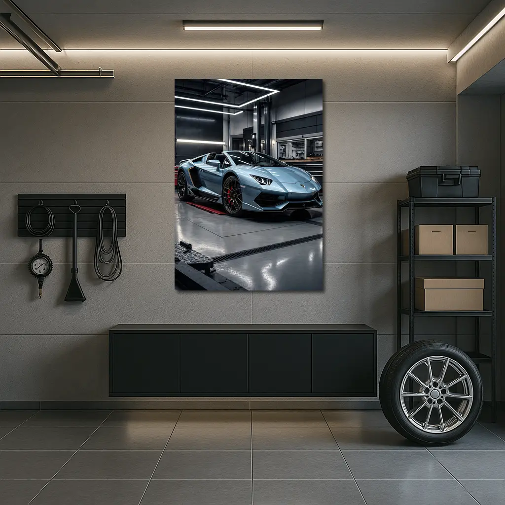 Lamborghini Aventador Silver Inside Dark Garage – Wall Art