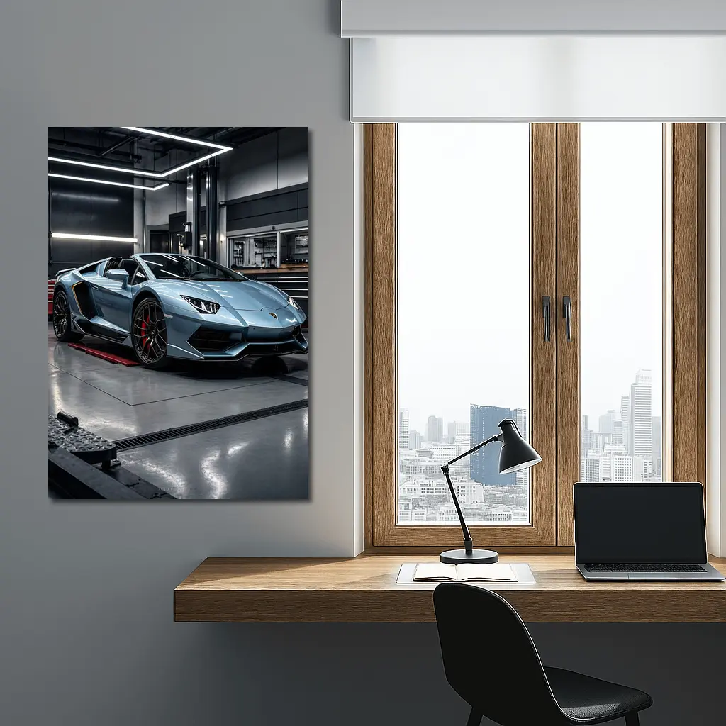 Lamborghini Aventador Silver Inside Dark Garage – Wall Art