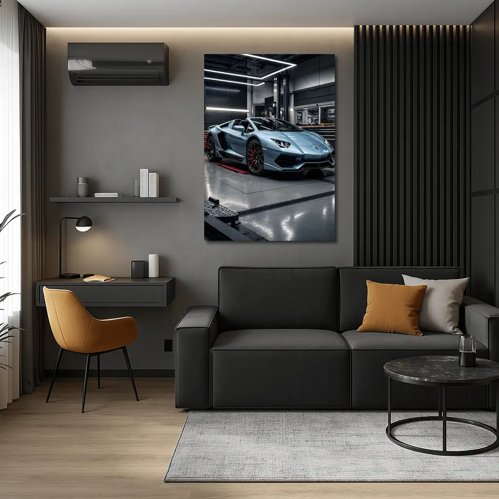Lamborghini Aventador Silver Inside Dark Garage – Wall Art