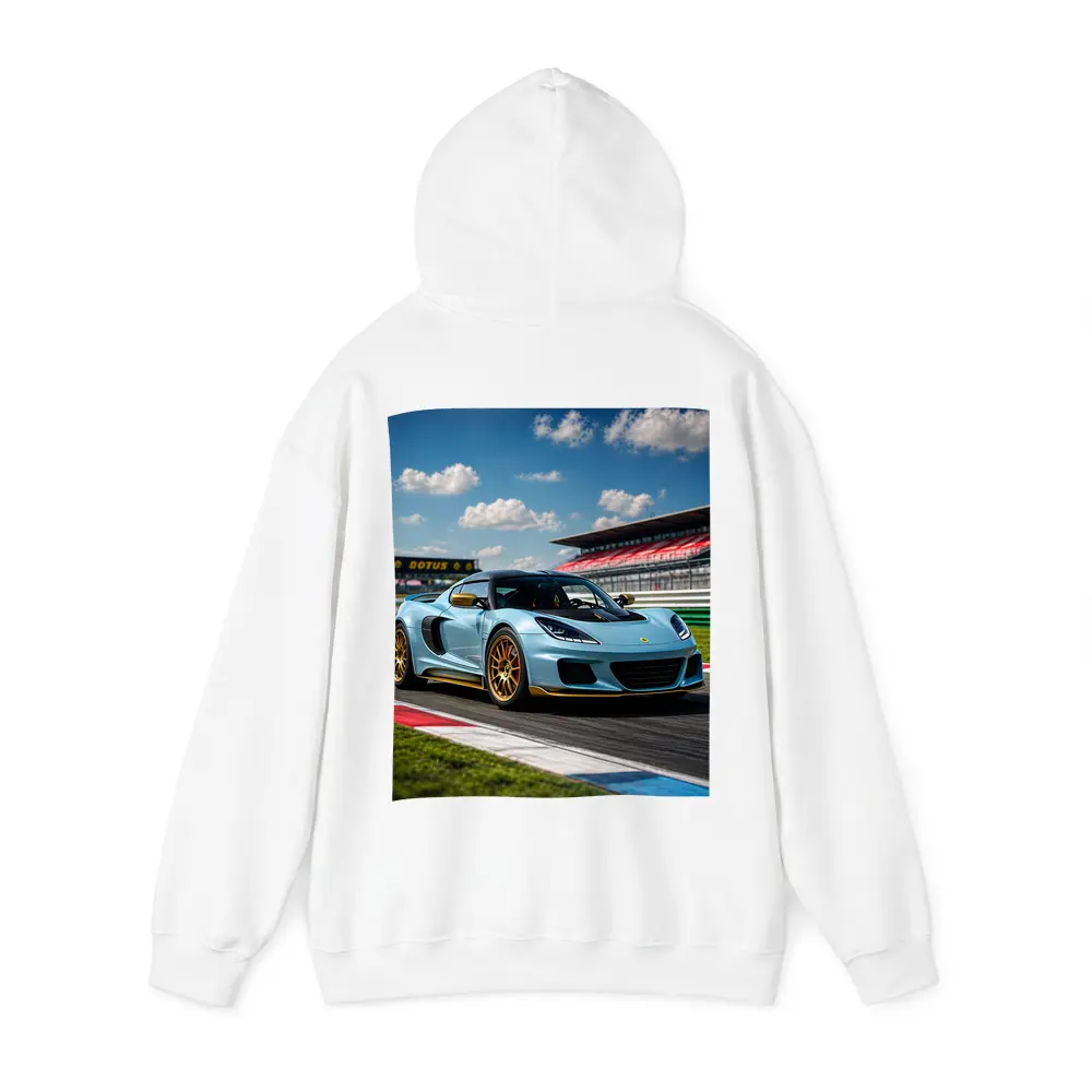 Lotus Emira Light Blue On Racing Track – Hoodies