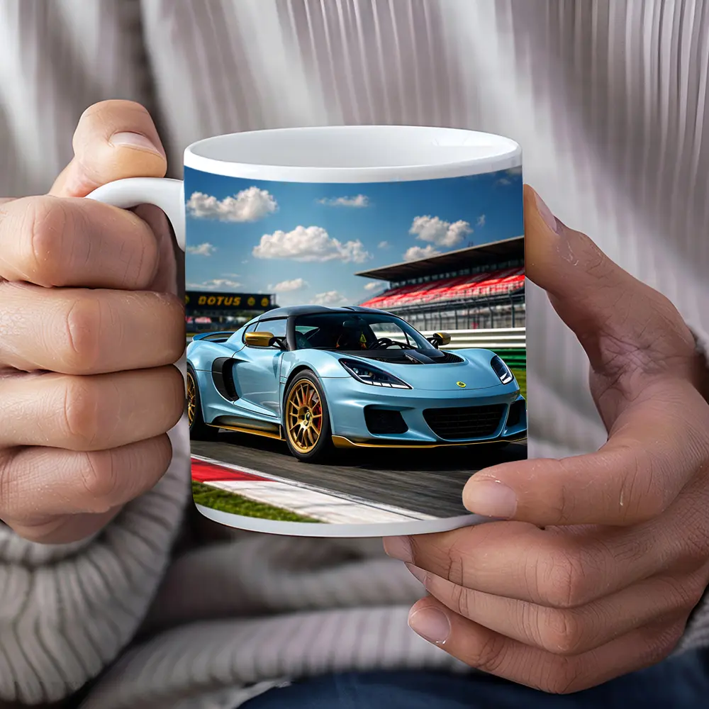 Lotus Emira Light Blue On Racing Track – Mugs