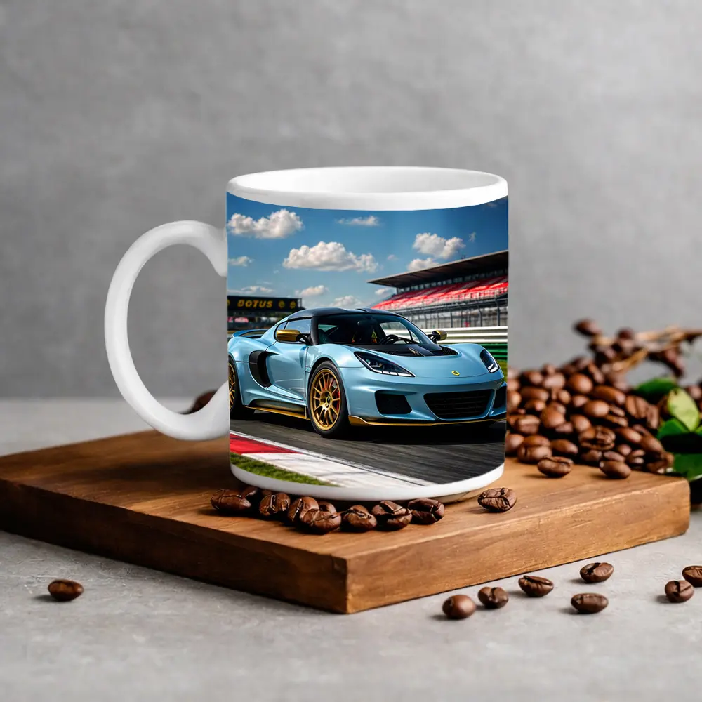 Lotus Emira Light Blue On Racing Track – Mugs