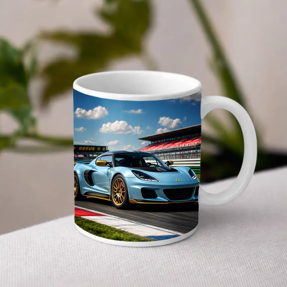 Lotus Emira Light Blue On Racing Track – Mugs