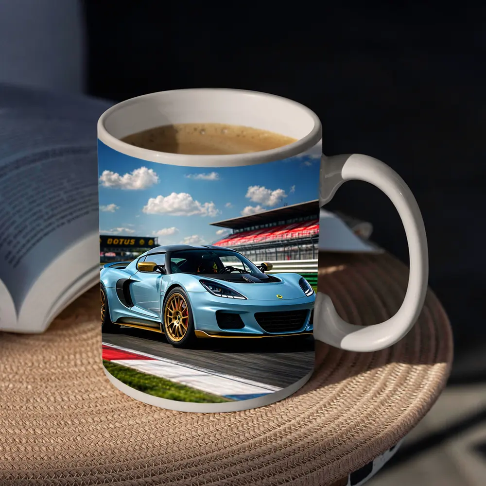 Lotus Emira Light Blue On Racing Track – Mugs