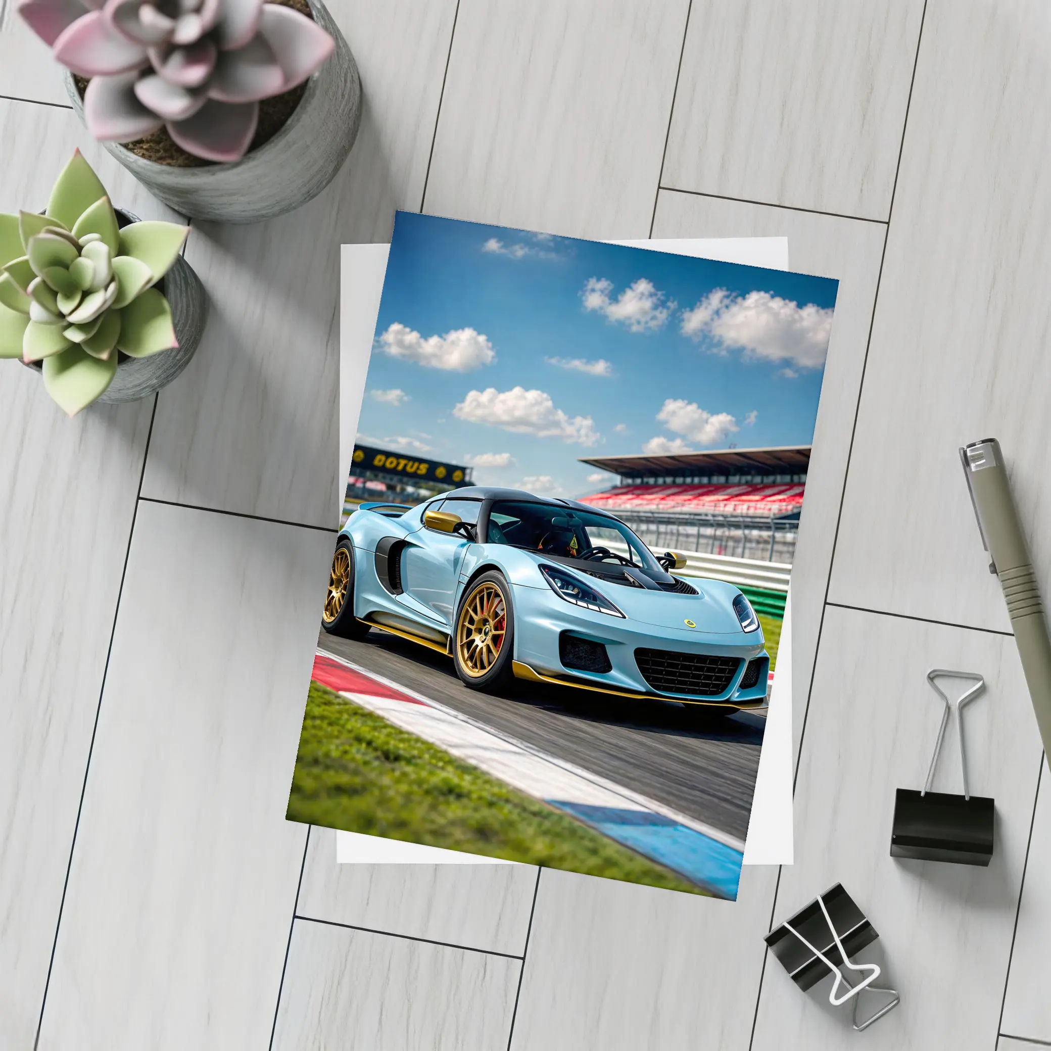 Lotus Emira Light Blue On Racing Track – Postcards