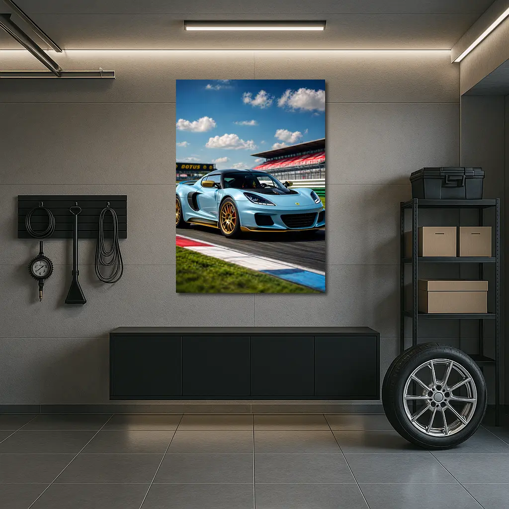 Lotus Emira Light Blue On Racing Track – Wall Art