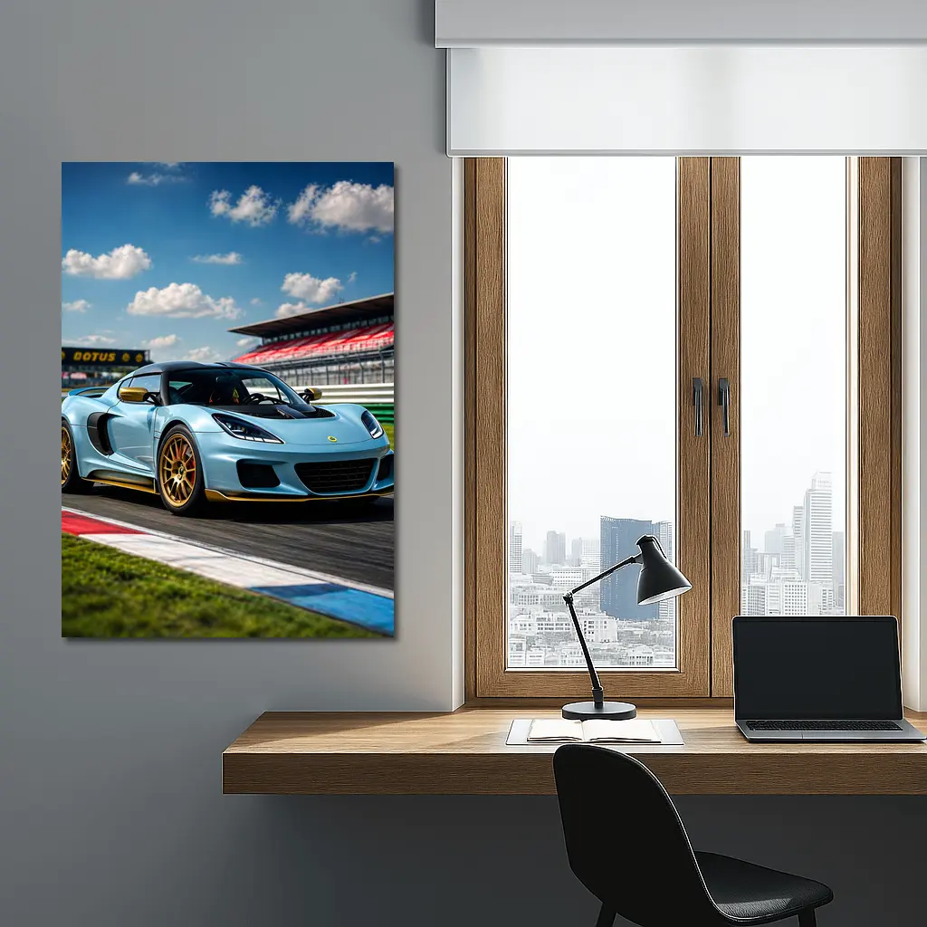 Lotus Emira Light Blue On Racing Track – Wall Art