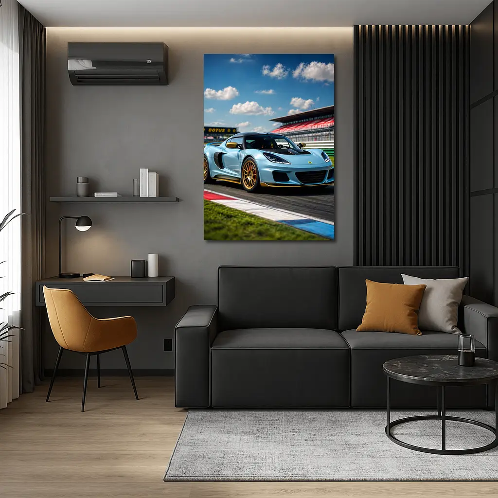 Lotus Emira Light Blue On Racing Track – Wall Art
