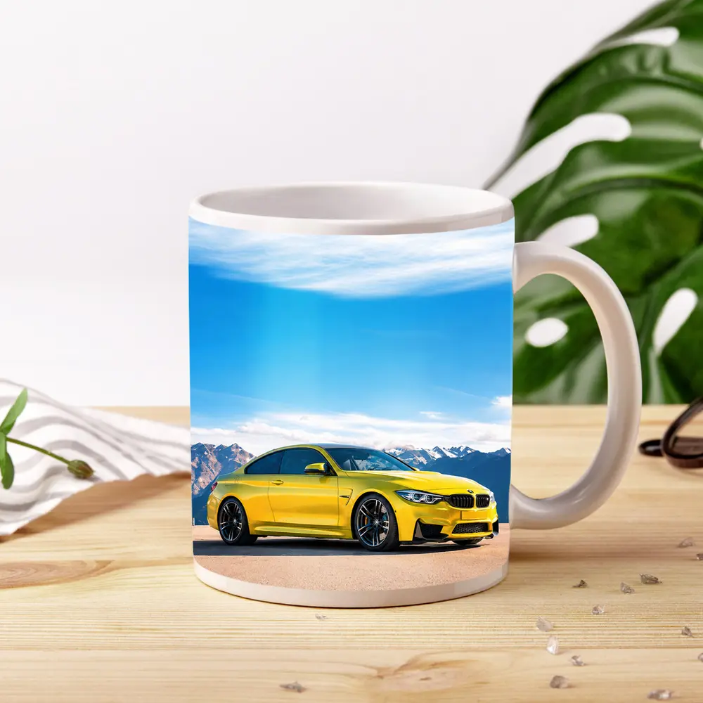 BMW M4 Yellow Parked Mountain Skyline – Mugs