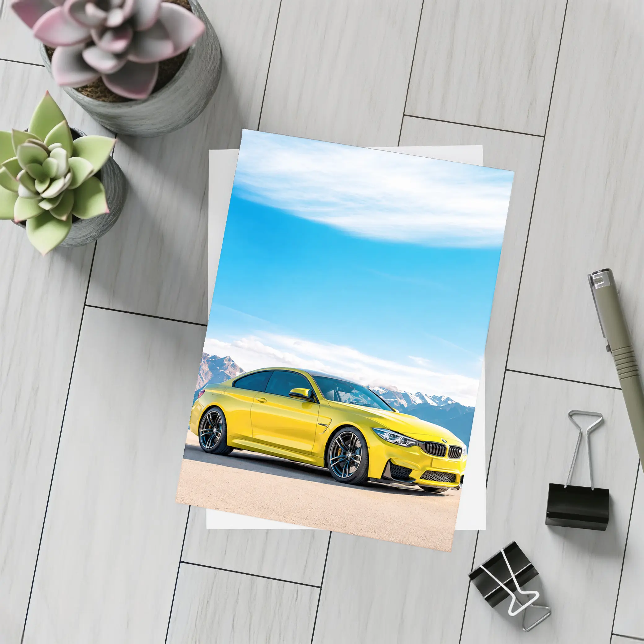 BMW M4 Yellow Parked Mountain Skyline – Postcards