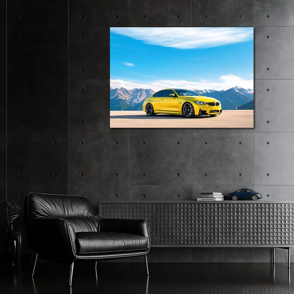 BMW M4 Yellow Parked Mountain Skyline – Wall Art