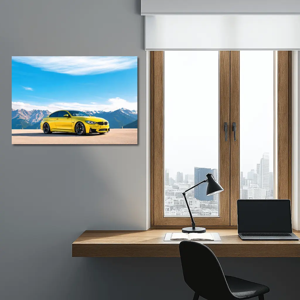 BMW M4 Yellow Parked Mountain Skyline – Wall Art
