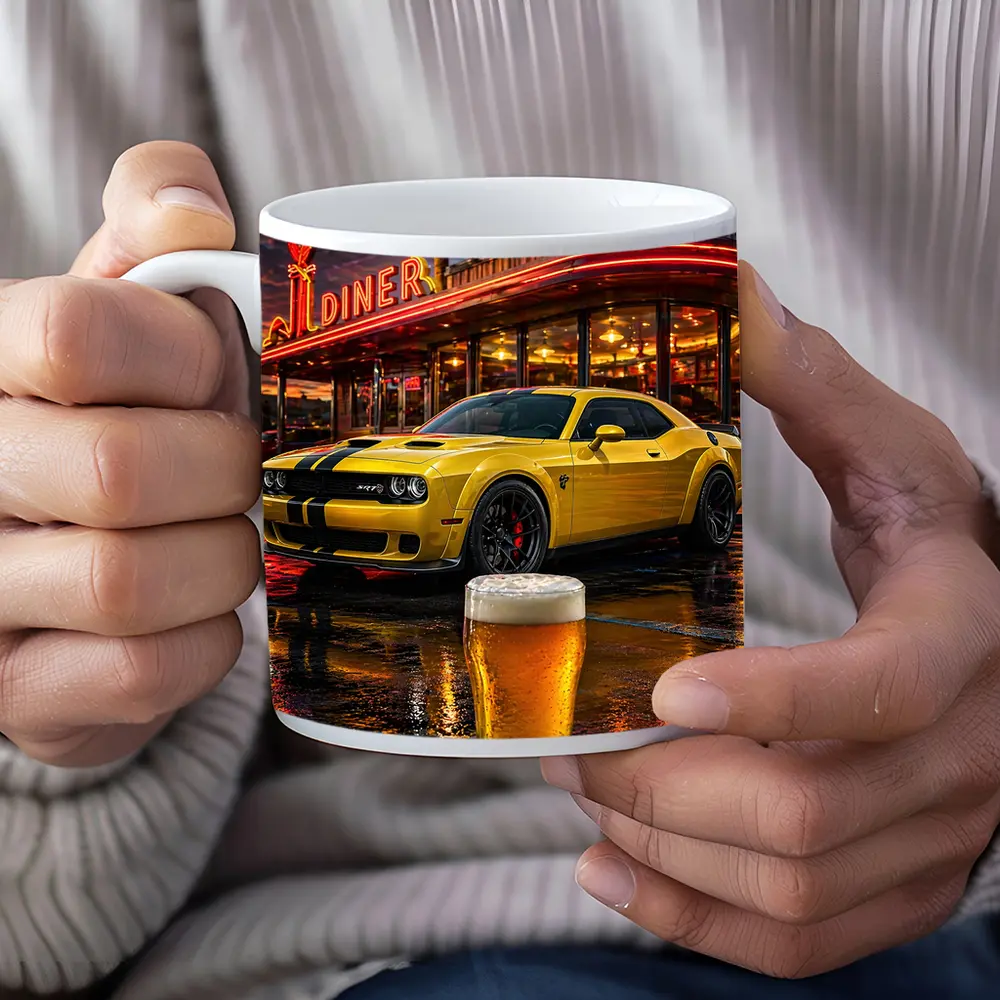 Yellow Dodge Challenger SRT Hellcat Retro Diner – Mugs