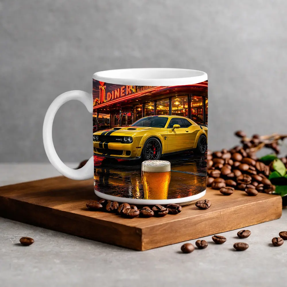Yellow Dodge Challenger SRT Hellcat Retro Diner – Mugs