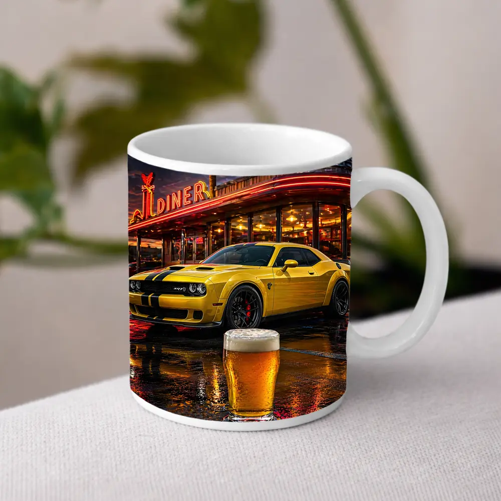 Yellow Dodge Challenger SRT Hellcat Retro Diner – Mugs