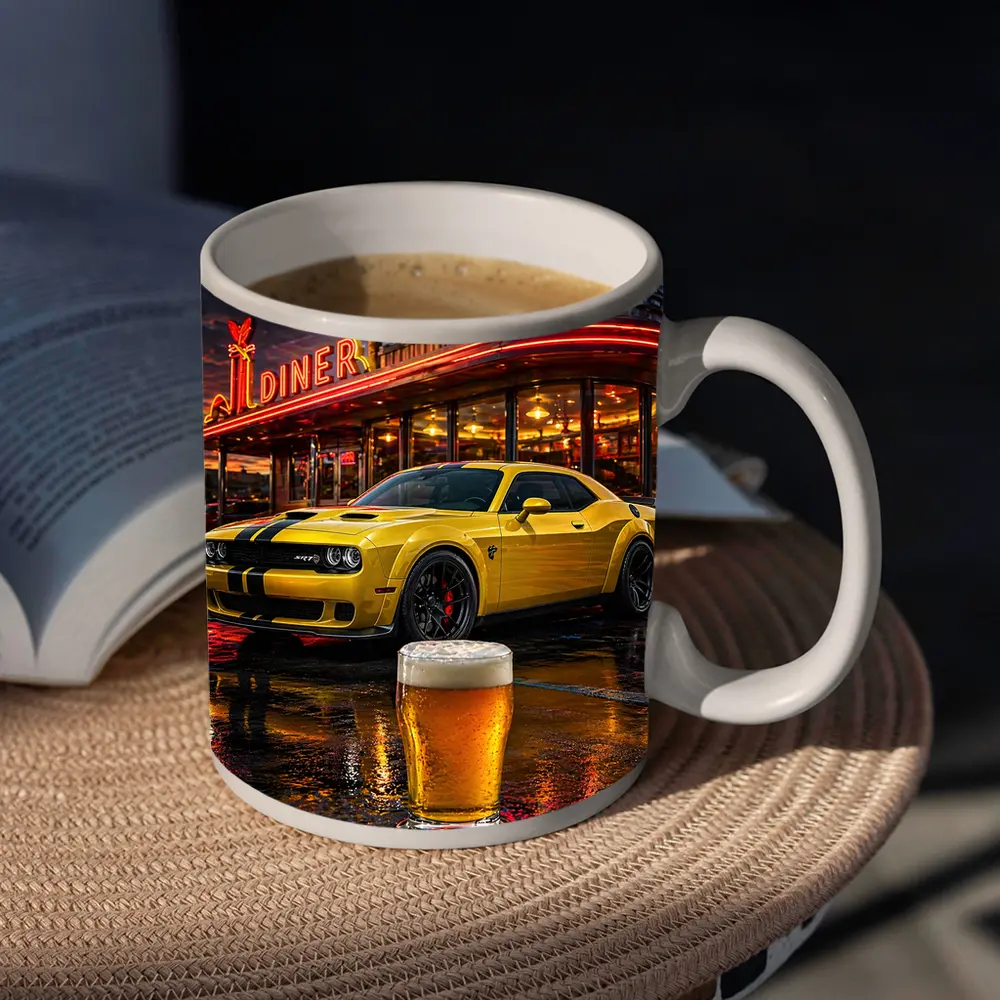 Yellow Dodge Challenger SRT Hellcat Retro Diner – Mugs