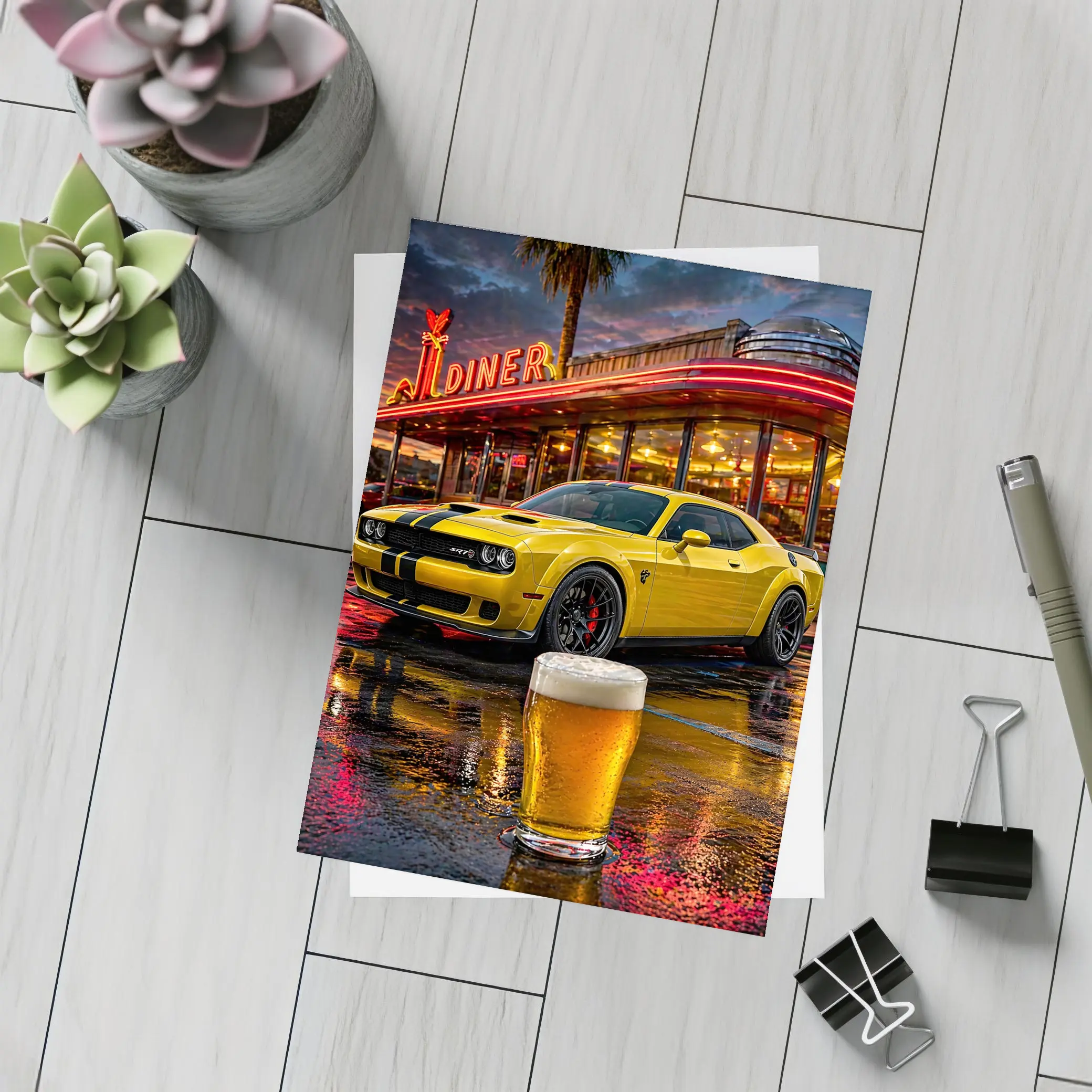 Yellow Dodge Challenger SRT Hellcat Retro Diner – Postcards