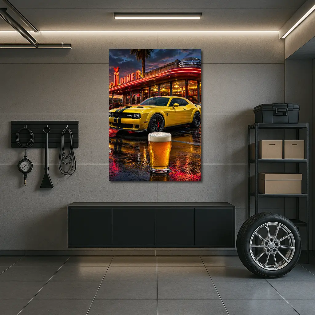 Yellow Dodge Challenger SRT Hellcat Retro Diner – Wall Art