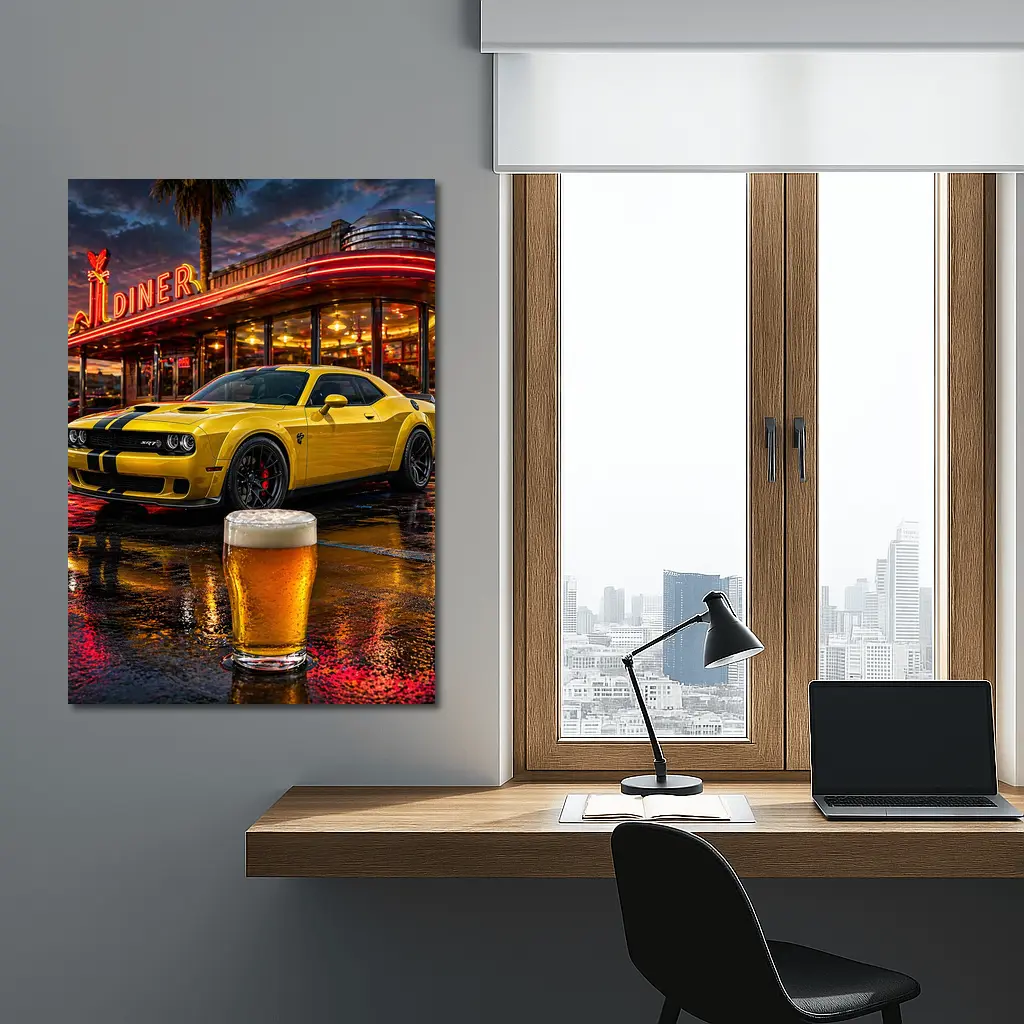 Yellow Dodge Challenger SRT Hellcat Retro Diner – Wall Art