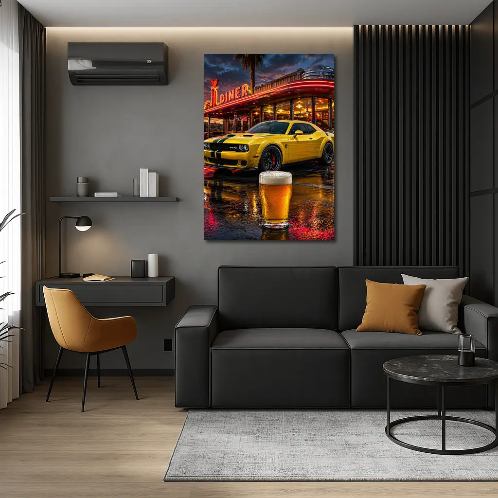 Yellow Dodge Challenger SRT Hellcat Retro Diner – Wall Art