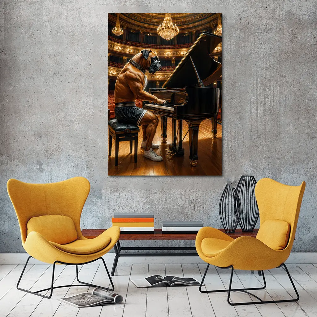 Boxer Dog Playing Piano Concert Hall – Wall Art