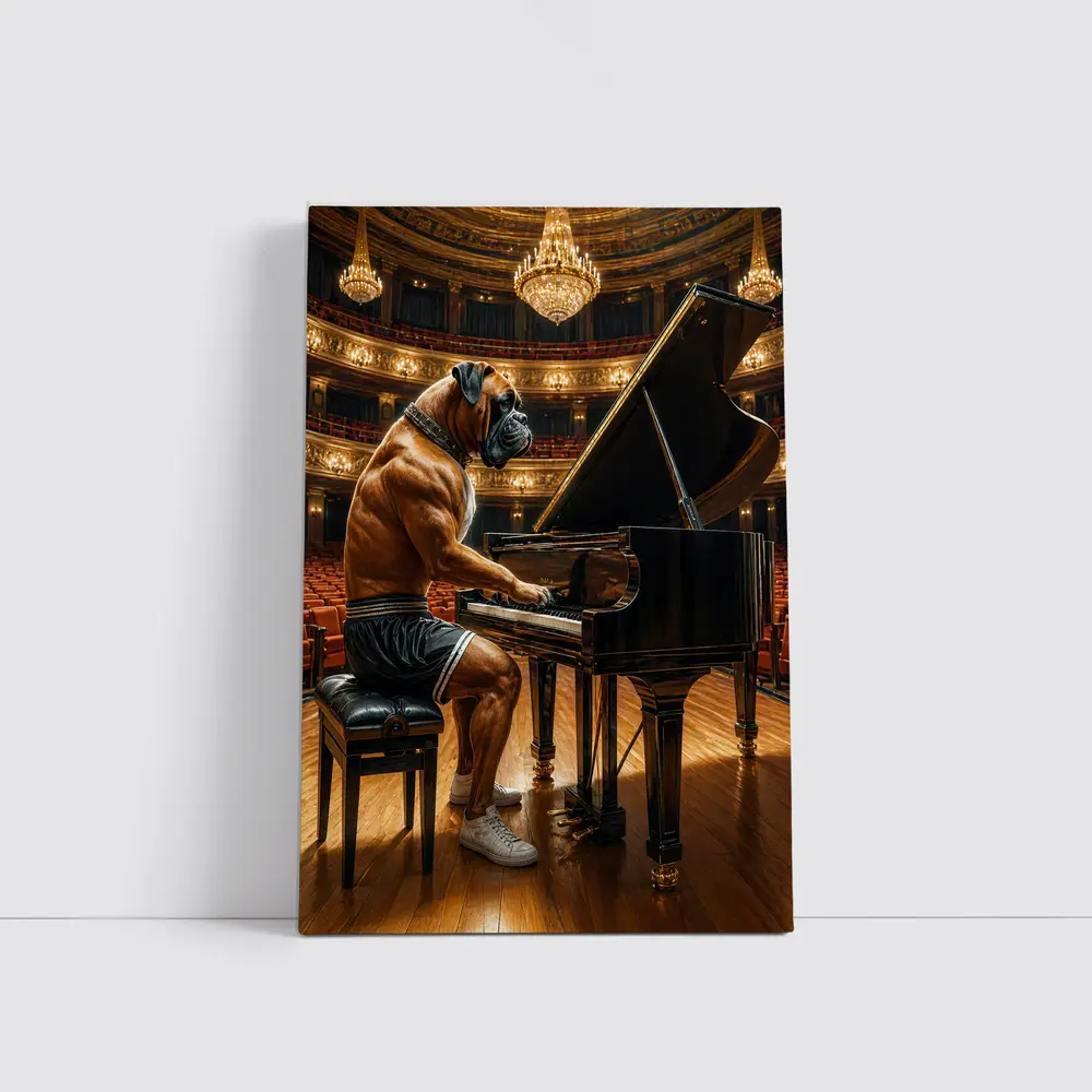Boxer Dog Playing Piano Concert Hall – Wall Art