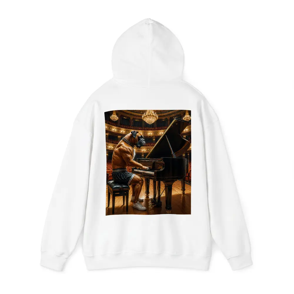 Boxer Dog Playing Piano Concert Hall – Hoodies