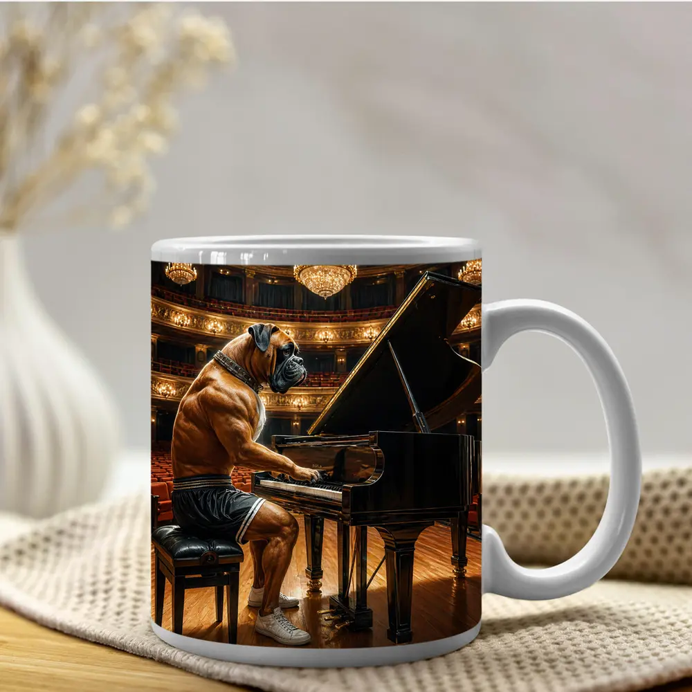 Boxer Dog Playing Piano Concert Hall – Mugs