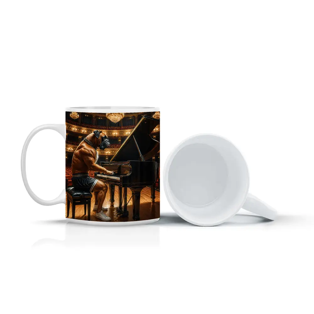Boxer Dog Playing Piano Concert Hall – Mugs