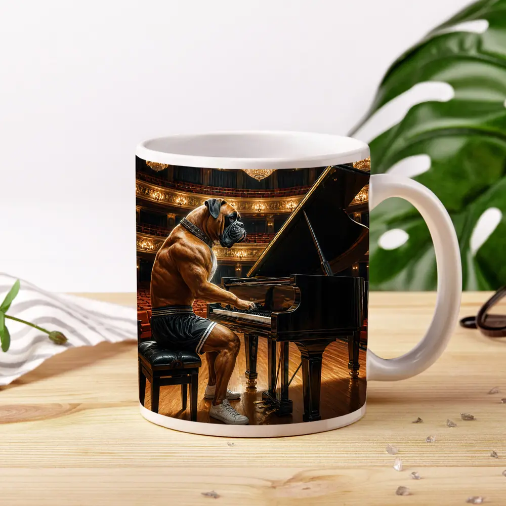 Boxer Dog Playing Piano Concert Hall – Mugs