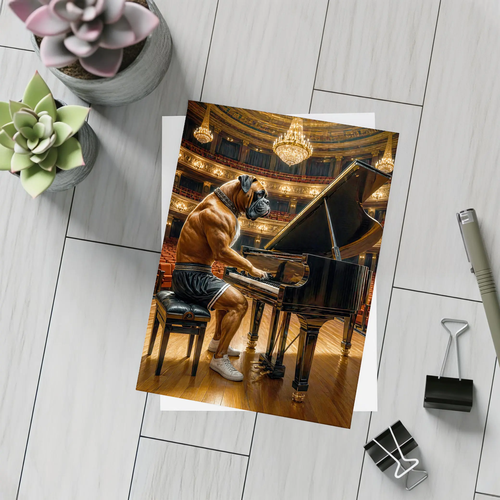 Boxer Dog Playing Piano Concert Hall – Postcards