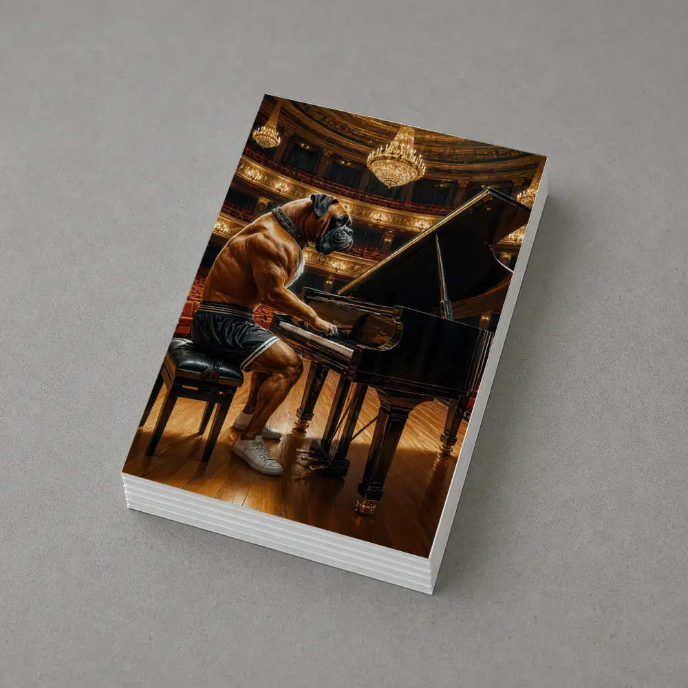 Boxer Dog Playing Piano Concert Hall – Postcards