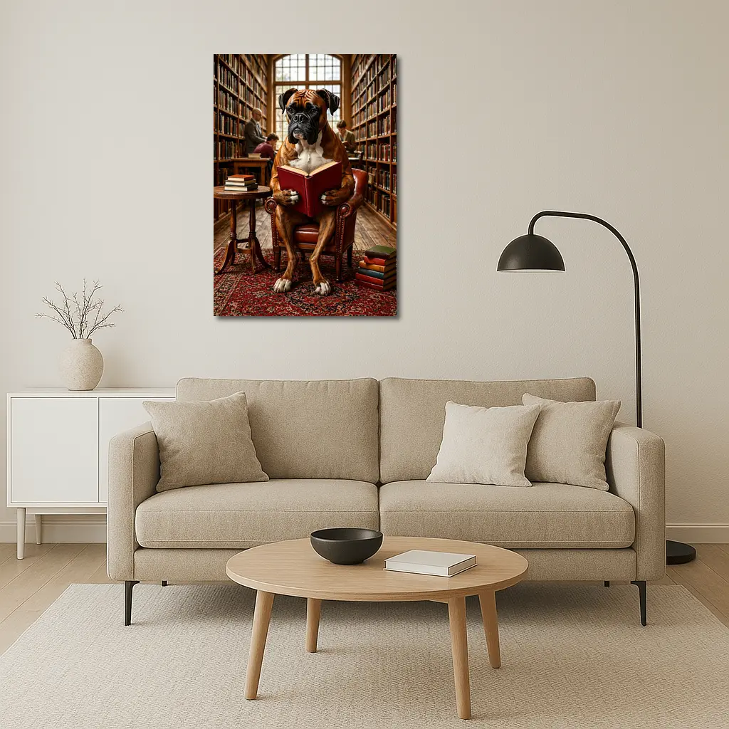 Boxer Dog Reading Book In Library – Wall Art