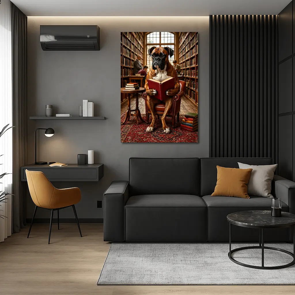 Boxer Dog Reading Book In Library – Wall Art