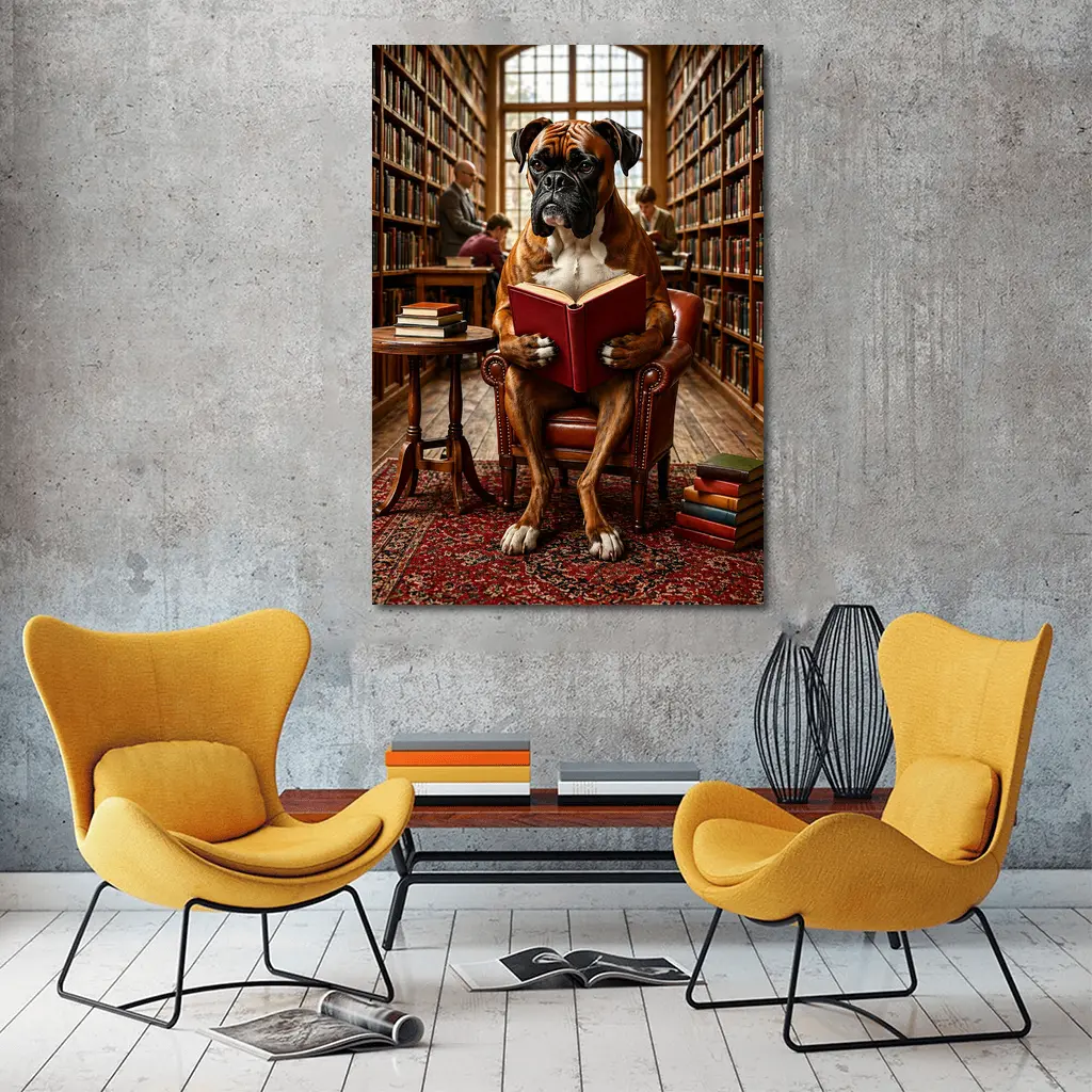 Boxer Dog Reading Book In Library – Wall Art