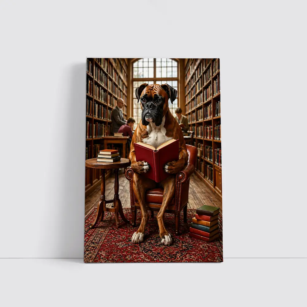 Boxer Dog Reading Book In Library – Wall Art