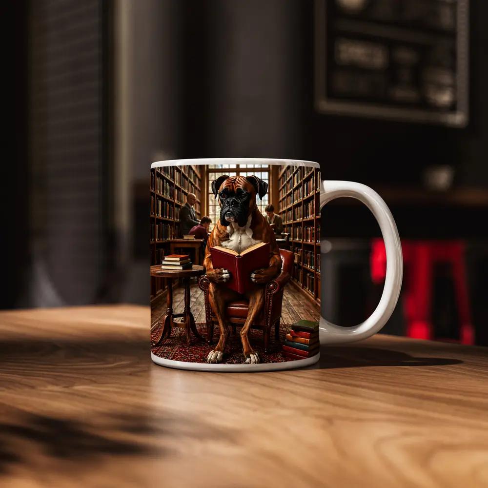 Boxer Dog Reading Book In Library – Mugs