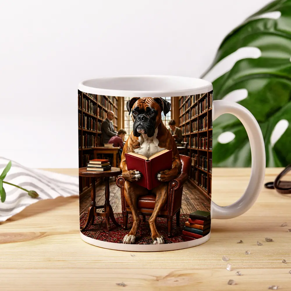 Boxer Dog Reading Book In Library – Mugs