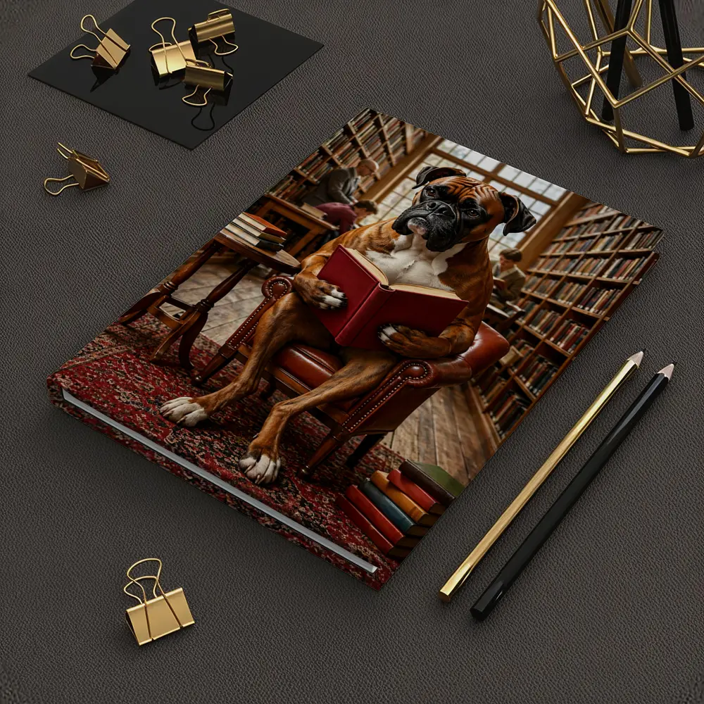 Boxer Dog Reading Book In Library – Notebooks
