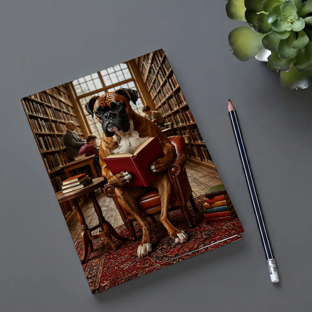 Boxer Dog Reading Book In Library – Notebooks