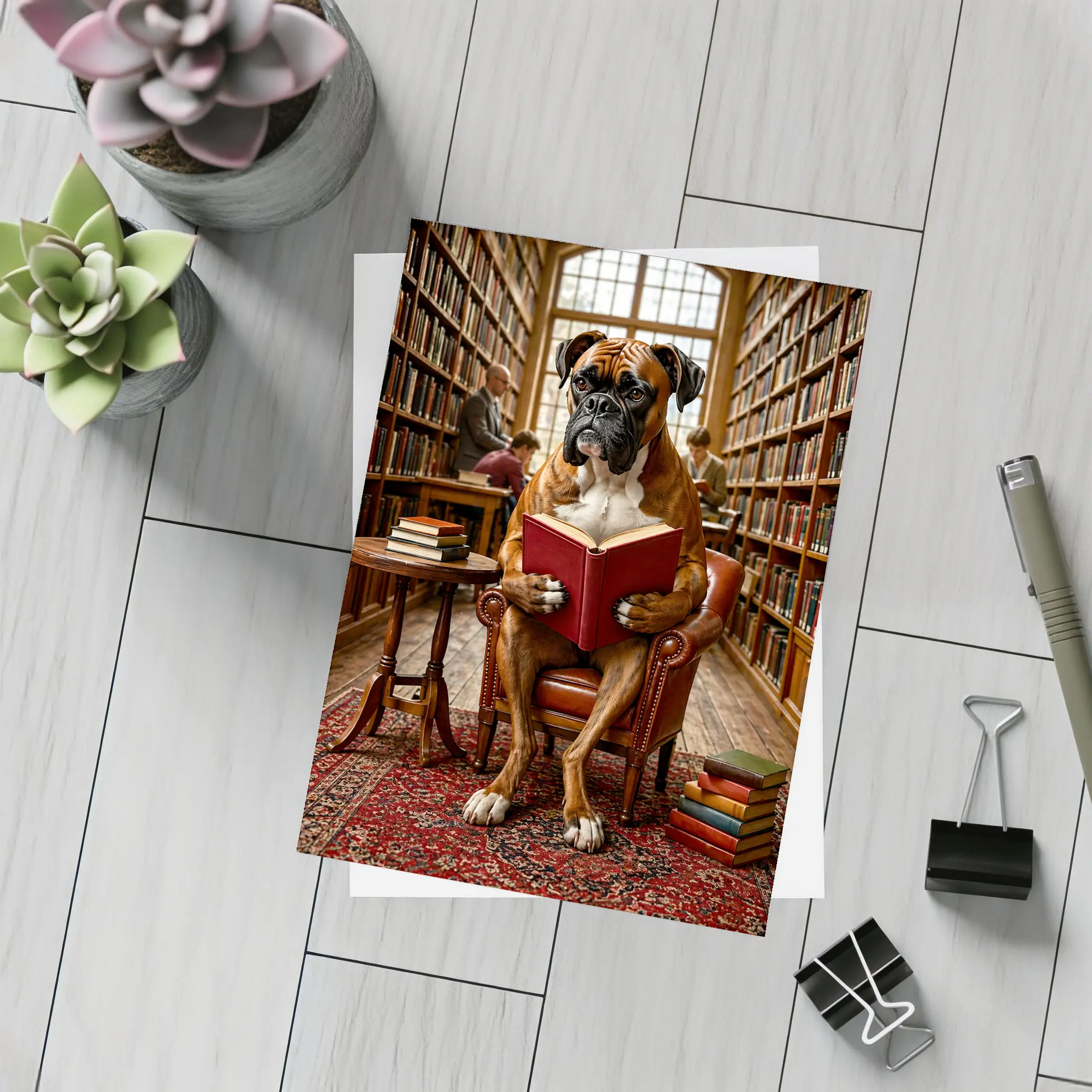 Boxer Dog Reading Book In Library – Postcards