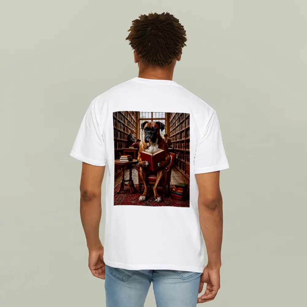Boxer Dog Reading Book In Library – T-Shirts